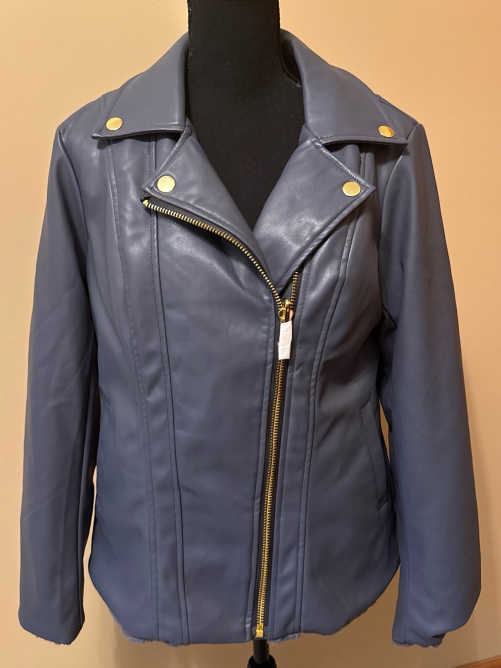 IMAN Reversal Slate Blue Faux Leather/Fur Moto Jacket with Gold Hardware Accents